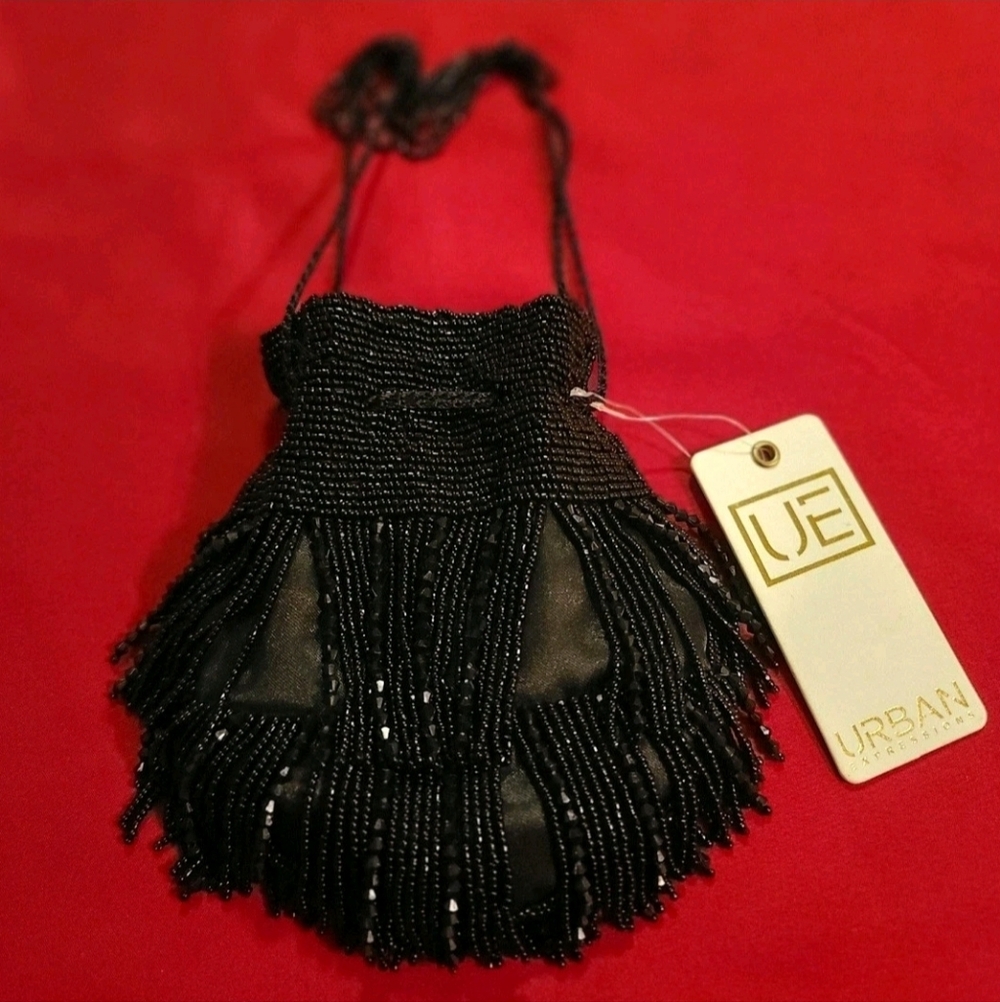 Urban Expressions Elegant Black Seed Bead Evening Purse with Fringe & Drawstring